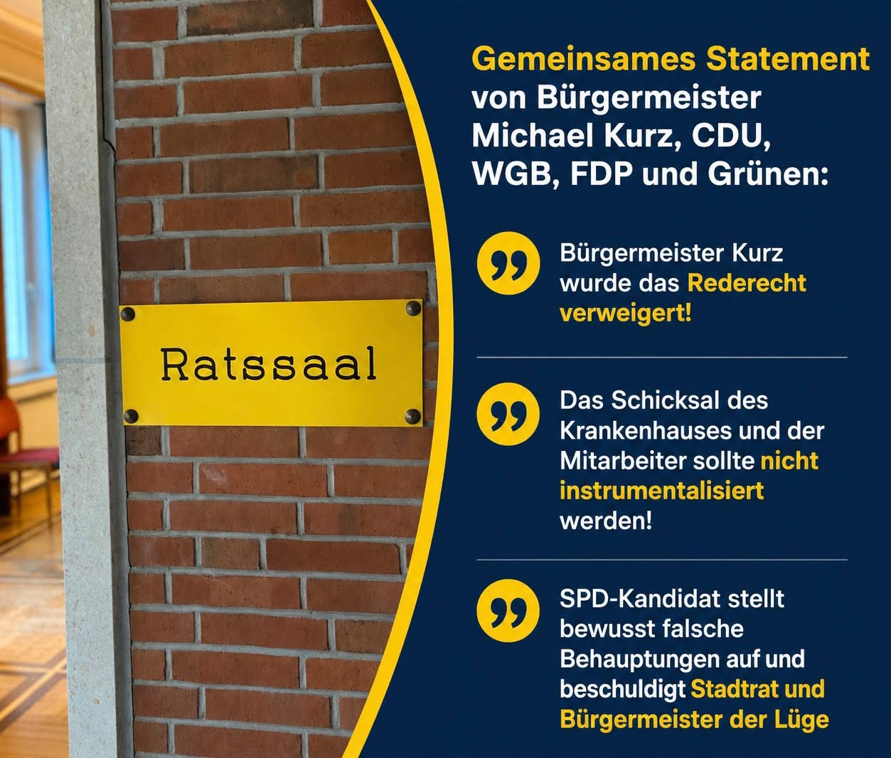 Parteipolitische Instrumentalisierung der Krankenhaus-Demo scharf verurteilt – CDU, WGB, FDP, Grüne und Bürgermeister Kurz fordern Rückzug des SPD-Kandidaten